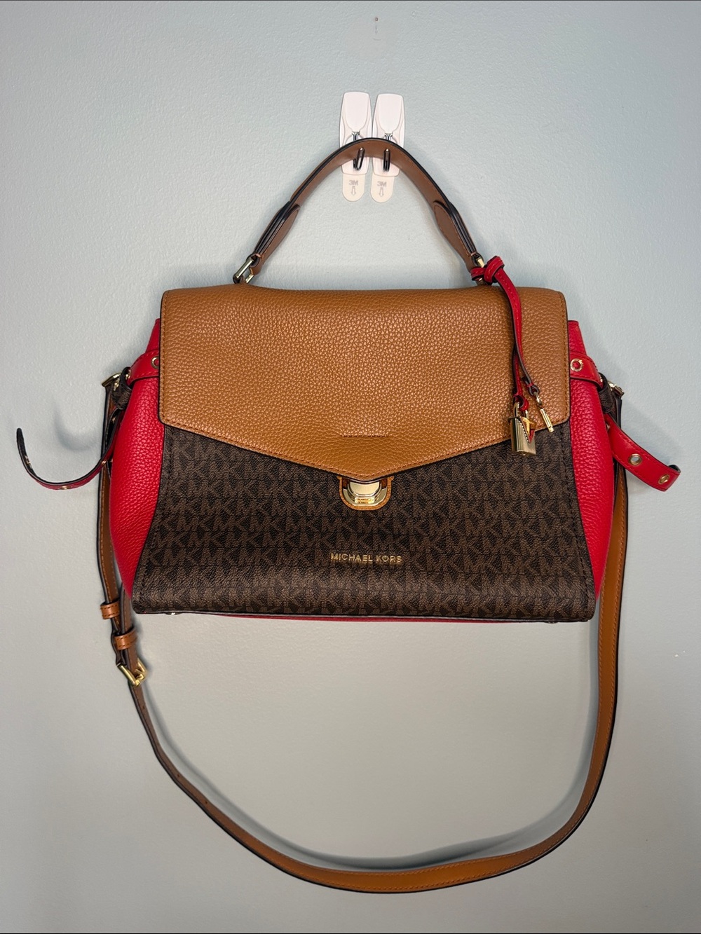 Michael Kors Brown, Tan & Red Logo Satchel